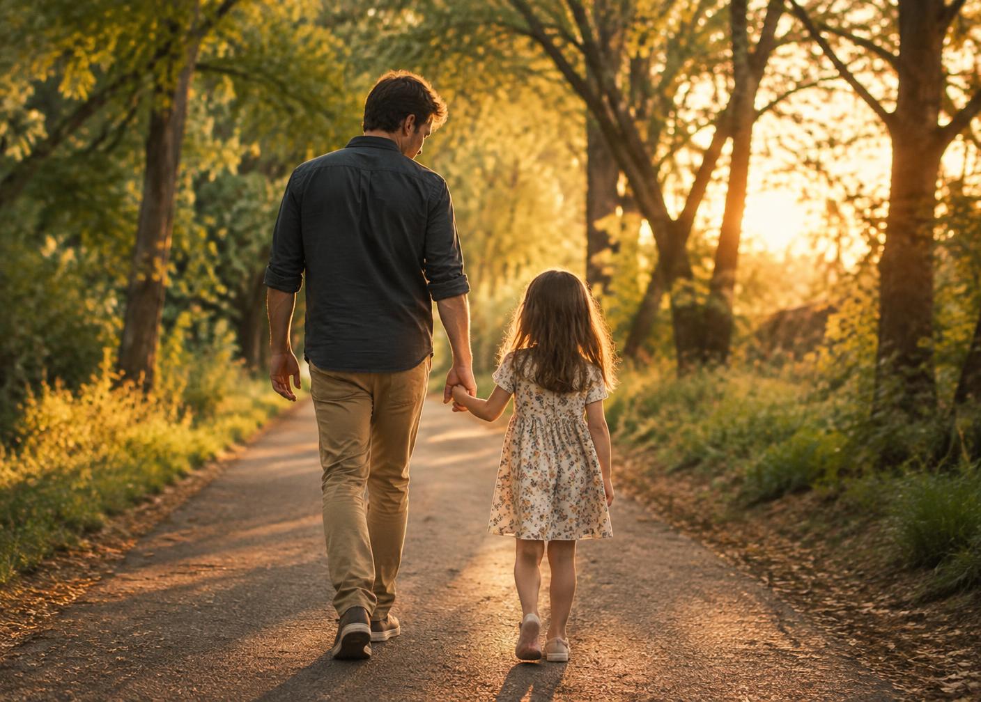 A father and daughter walking hand in hand along a sunlit path